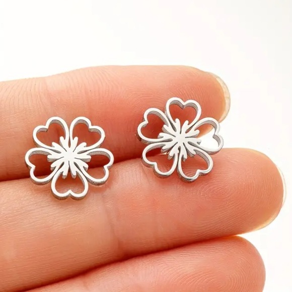 Jewelry - Plum Blossom Flower Silver Toned Stud Earrings